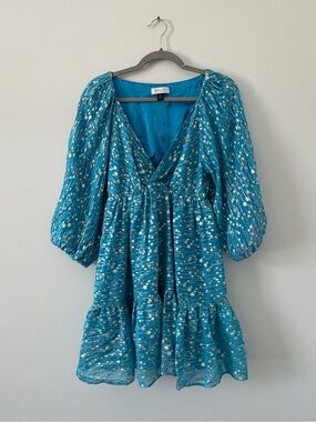 Delfi Collective Turquoise Silver Puffed Long Sleeve V Neck Mini Cocktail Dress